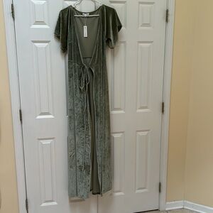 Velvet/velour, light olive green wrap-style dress. Worn only once.